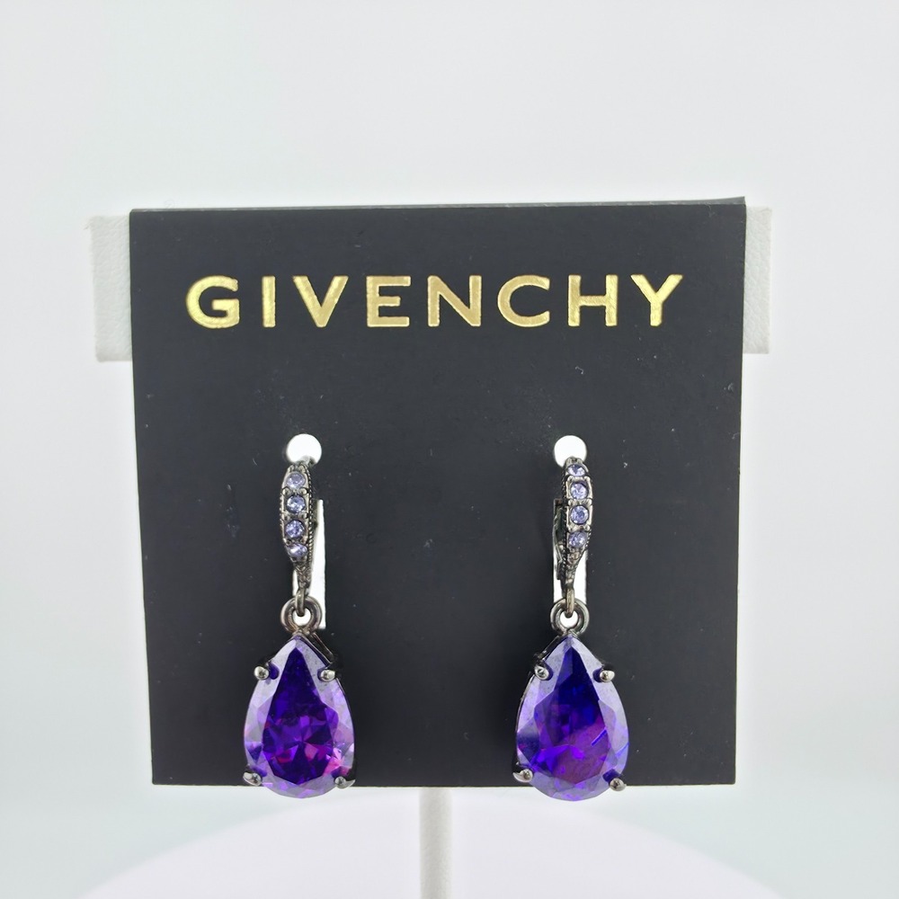 GIVENCHY SWAROVSKI Crystal Earrings Dark Purple Teardrop Gunmetal Gray 1.25"